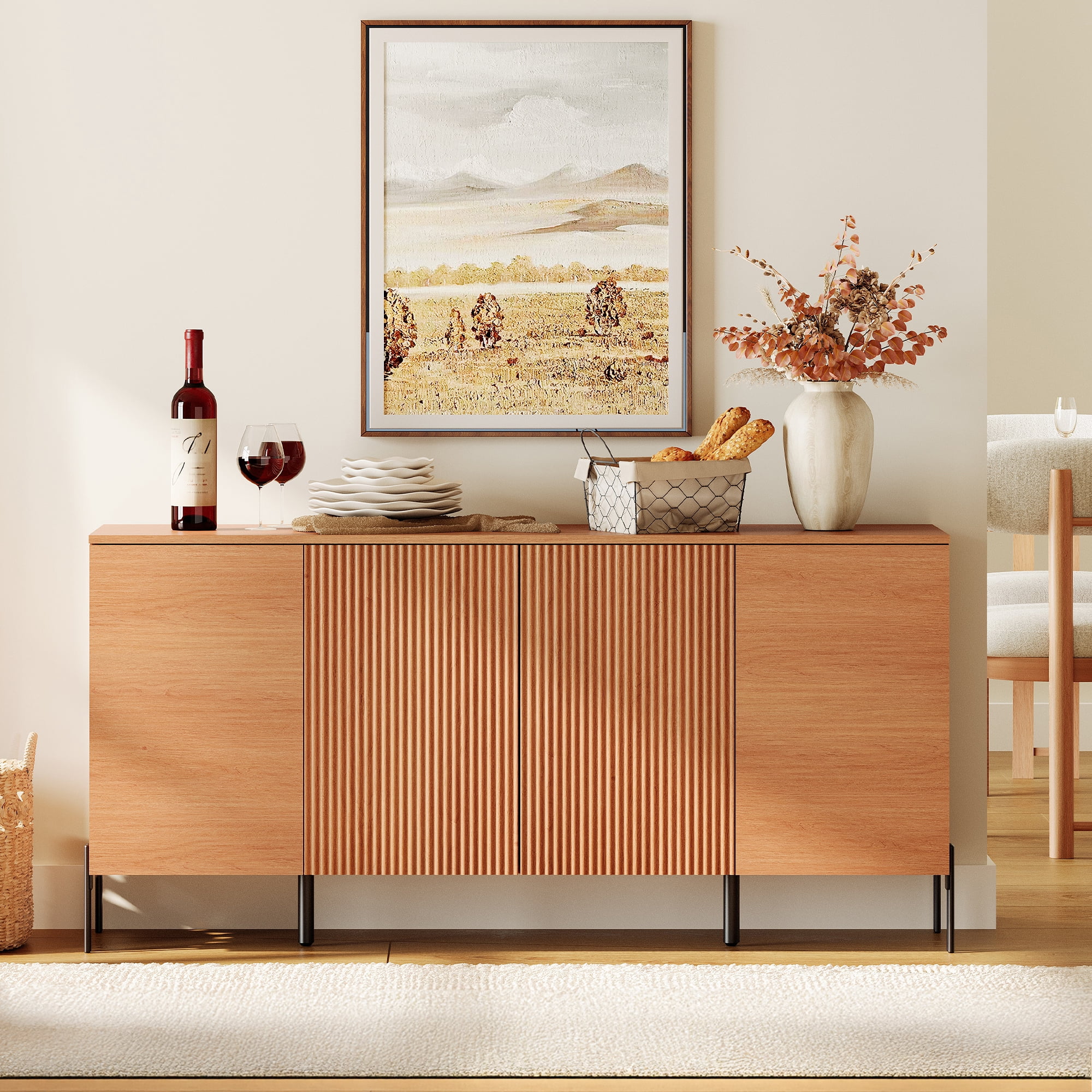 61" Minimalist 4-Door Sideboard With Rectangular Geometric Design And Double Chopstick Leg Base