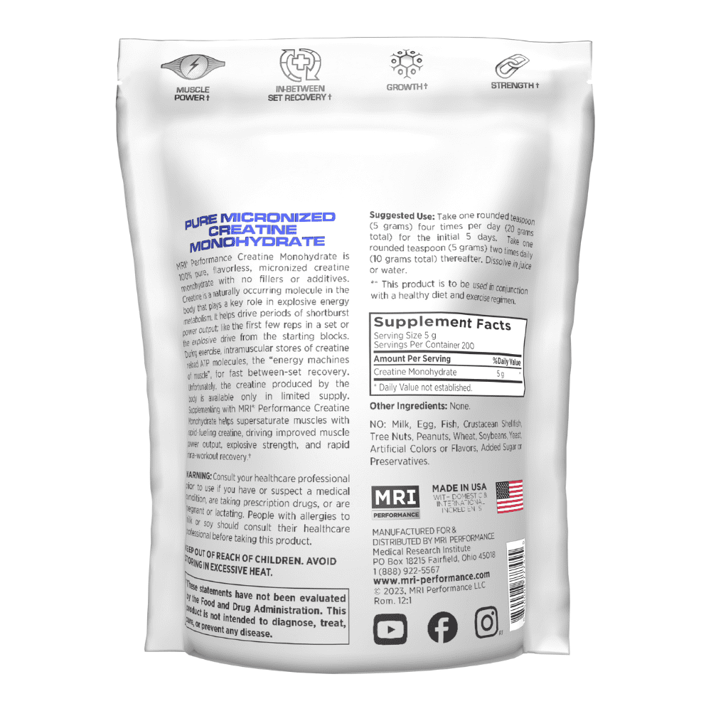 MRI Micronized Creatine Monohydrate Powder, 1000g, Unflavored, 5g per Serving, 200 Servings