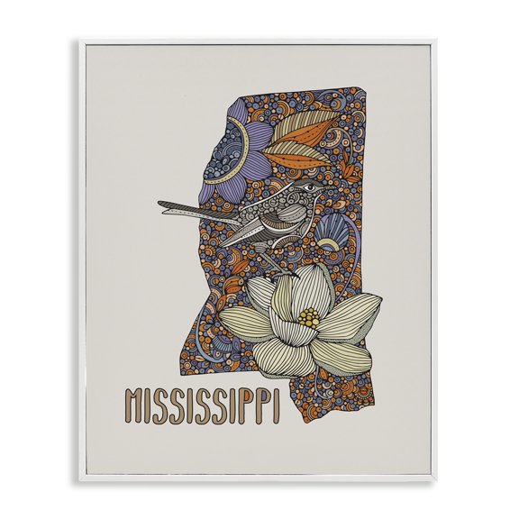 Stupell Industries Eclectic Detailed Mississippi Bird & Flower Pattern Design White Framed Giclee Art, 16 x 20, by Valentina Harper