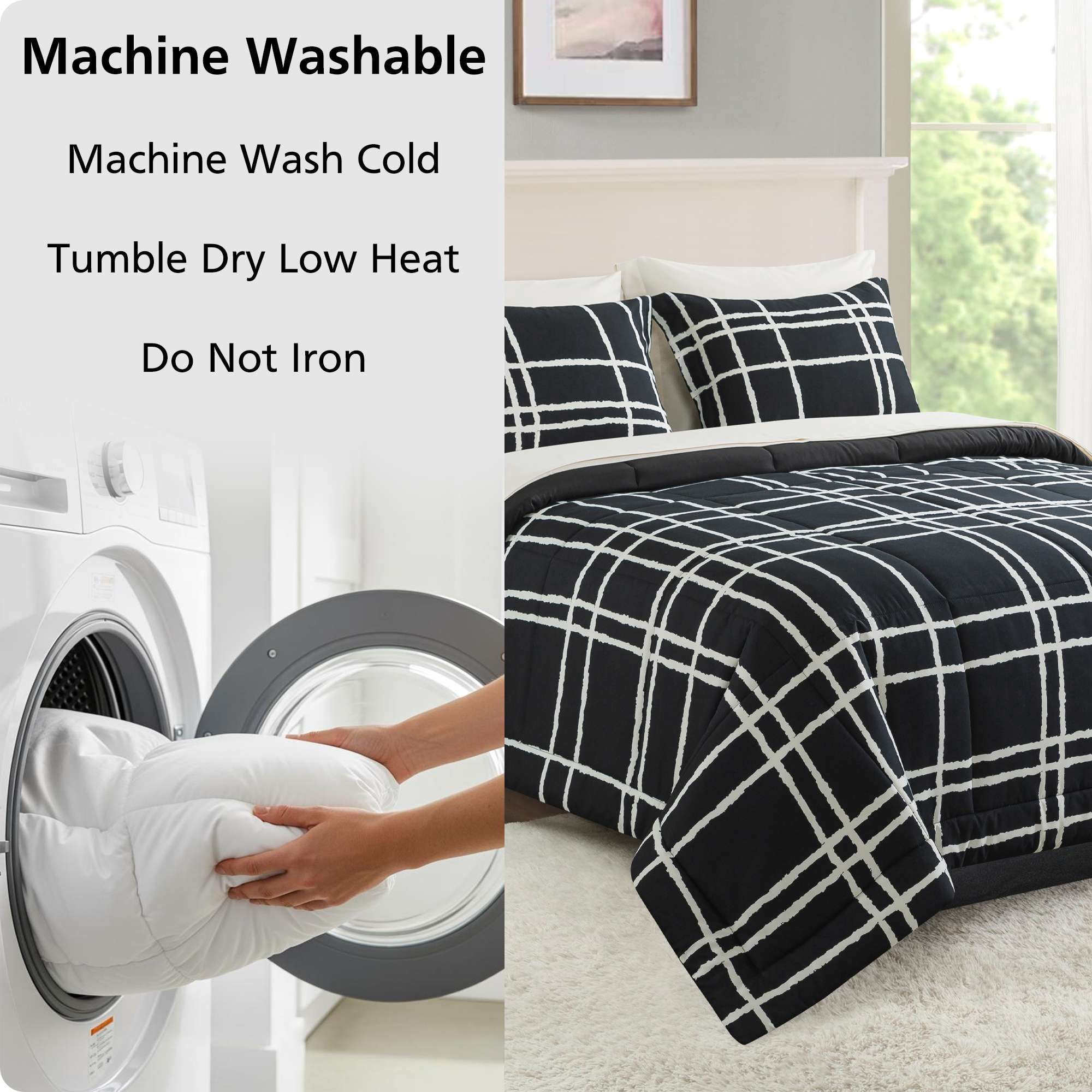 Mainstays All in One Reversible Comforter and Sheet Set, 7-Piece, King, Black and White Checker