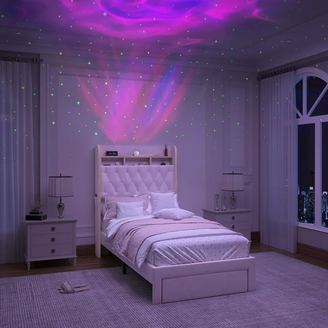 SIBEDS LED Bed Frame with Storage Drawer and Galaxy Star Projector Velvet Upholstered Gray Tufted Wingback Headboard, Twin