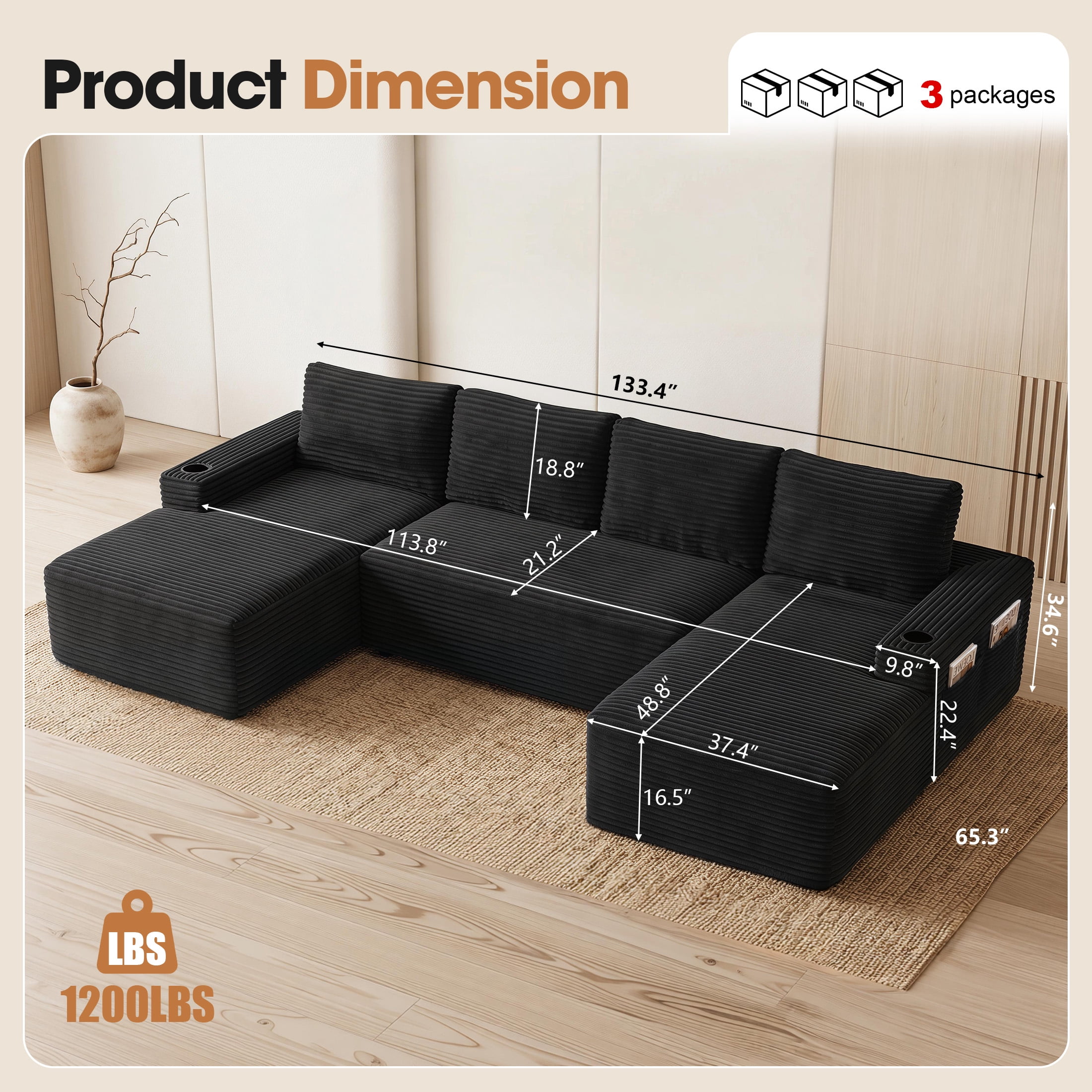 Aenkyo 133 in U-Shaped Cloud Corduroy Sectional Sofa with Cup Holders for Living Room, Black