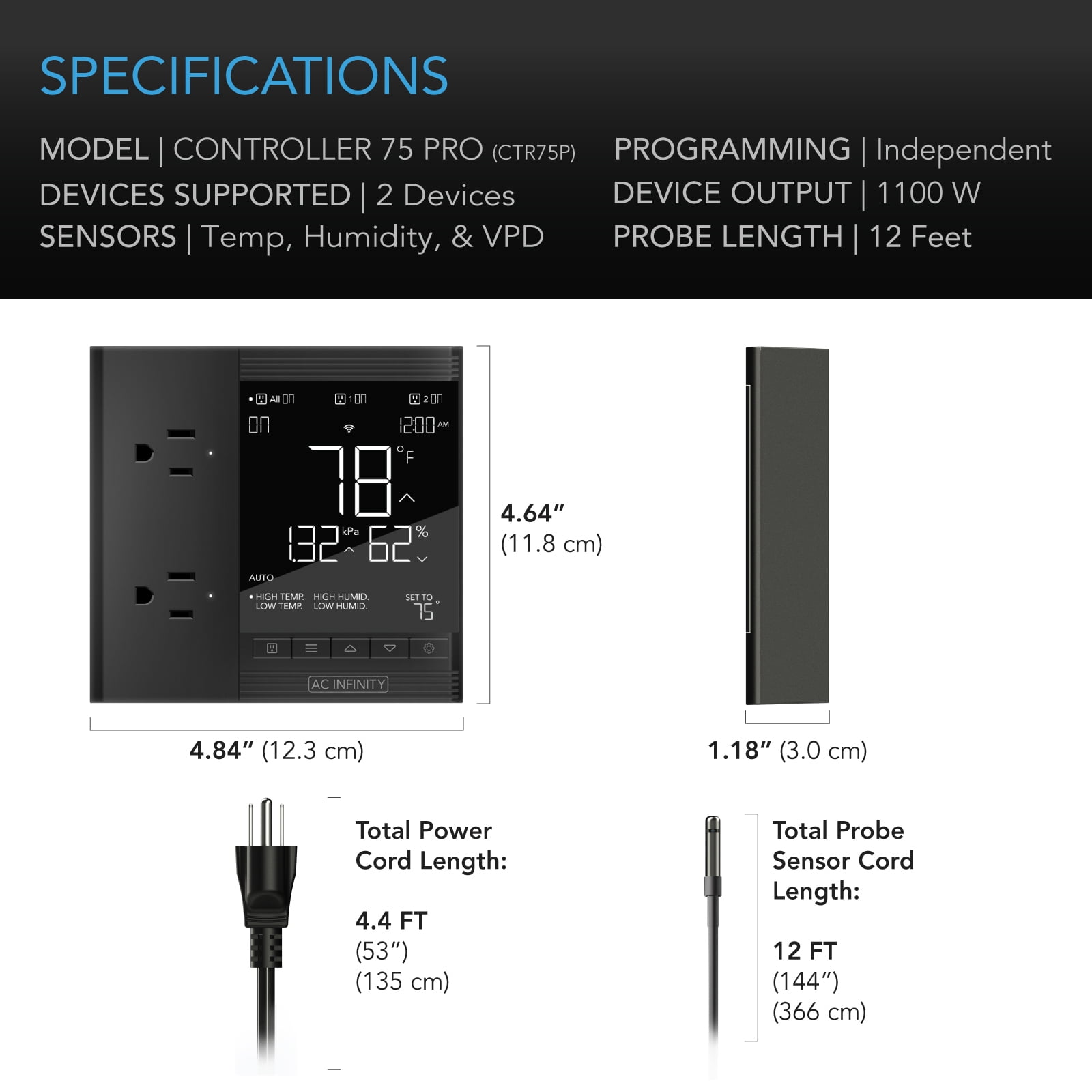 AC Infinity CONTROLLER 75 PRO, WiFi Outlet Controller, Independent Programs for Two Devices, Desktop Digital Thermostat with Temperature, Humidity, VPD, & Timer Controls, For Seed Starting Heat Mats