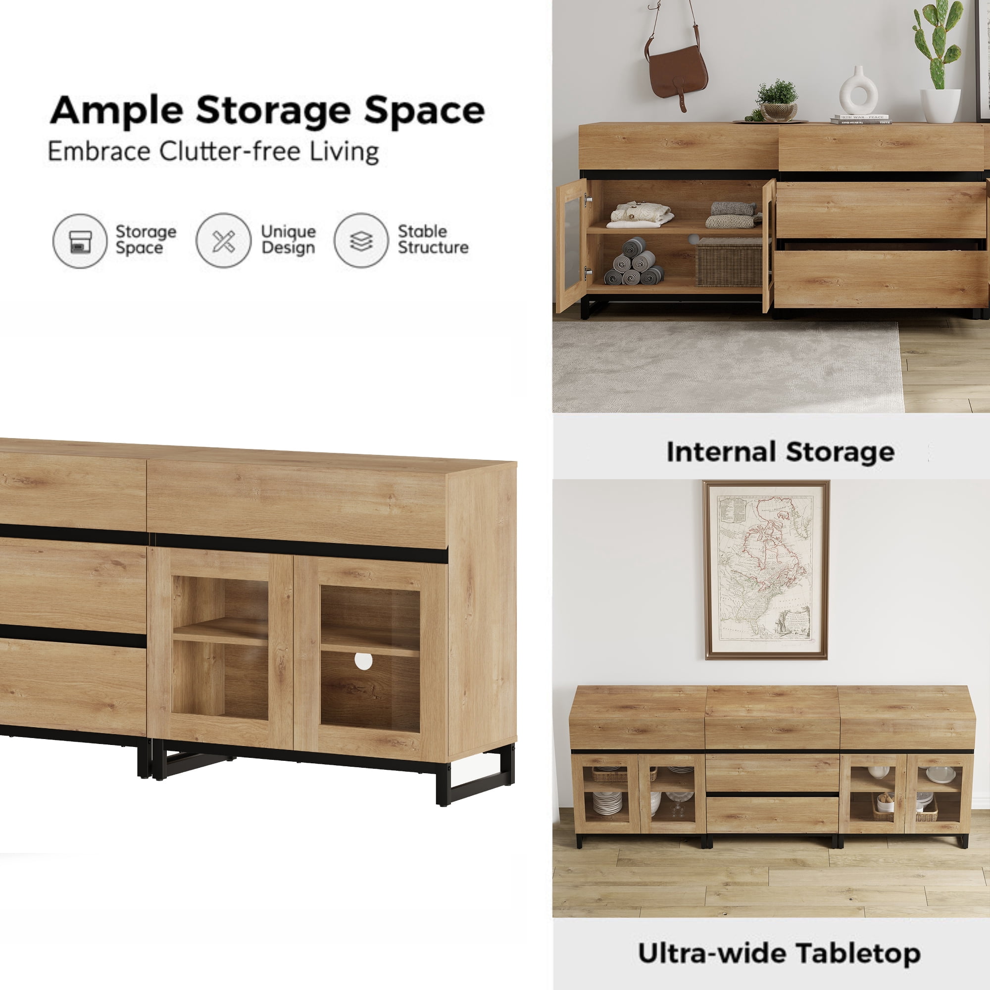 3 In 1 Sideboard Buffet Cabinets With Glass Doors And 5 Drawers, Modern Sideboard Credenza With Adjustable Shelf And Metal Base, Coffee Bar Cabinet Storage Cabinet For Living Room, Kitchen