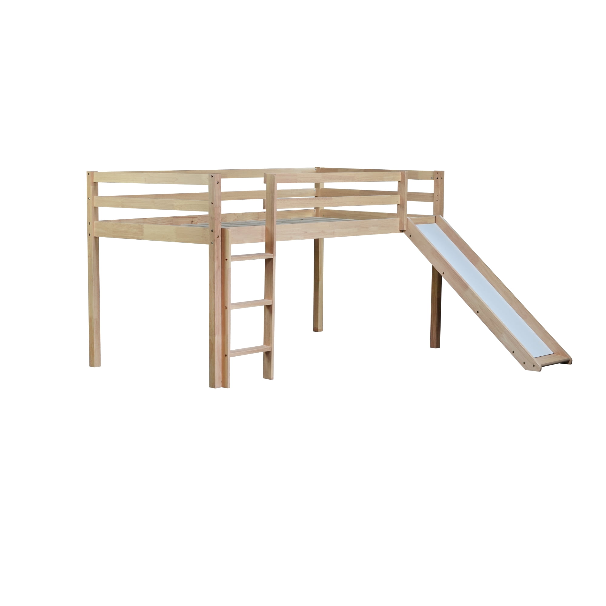 Leumius Twin Low Loft Bed with Slide, Ladder, Safety Guardrails, Rubber Wood Twin Loft Bed for Boys Girls Natural