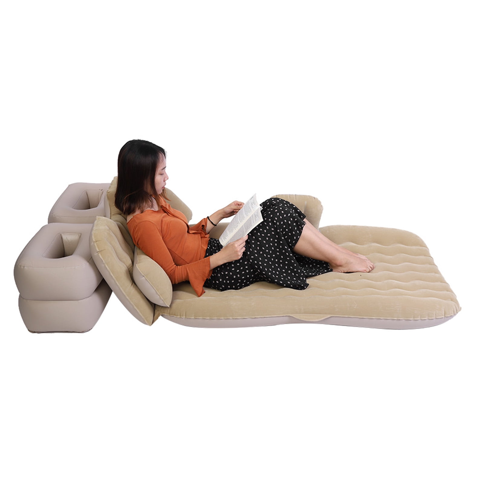 Yajisi Beige Inflatable Car Air Bed Travel Mattress for SUV Rear Seat, Heavy Duty Portable Camping Sleep Pad with 2 Pillows 2 Stools and Air Pump (Beige, 10 inches / 25.4 cm)