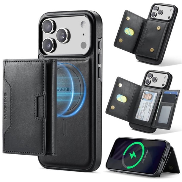 Case For IPhone 17 Pro Funda Protectora RFID de 6,3" con Ranuras para 7 Tarjetas Magsafe, Soporte 2 en 1, Funda Protectora de Cuero Desmontable a Prueba de Golpes, Negro, For IPhone 17 Pro
