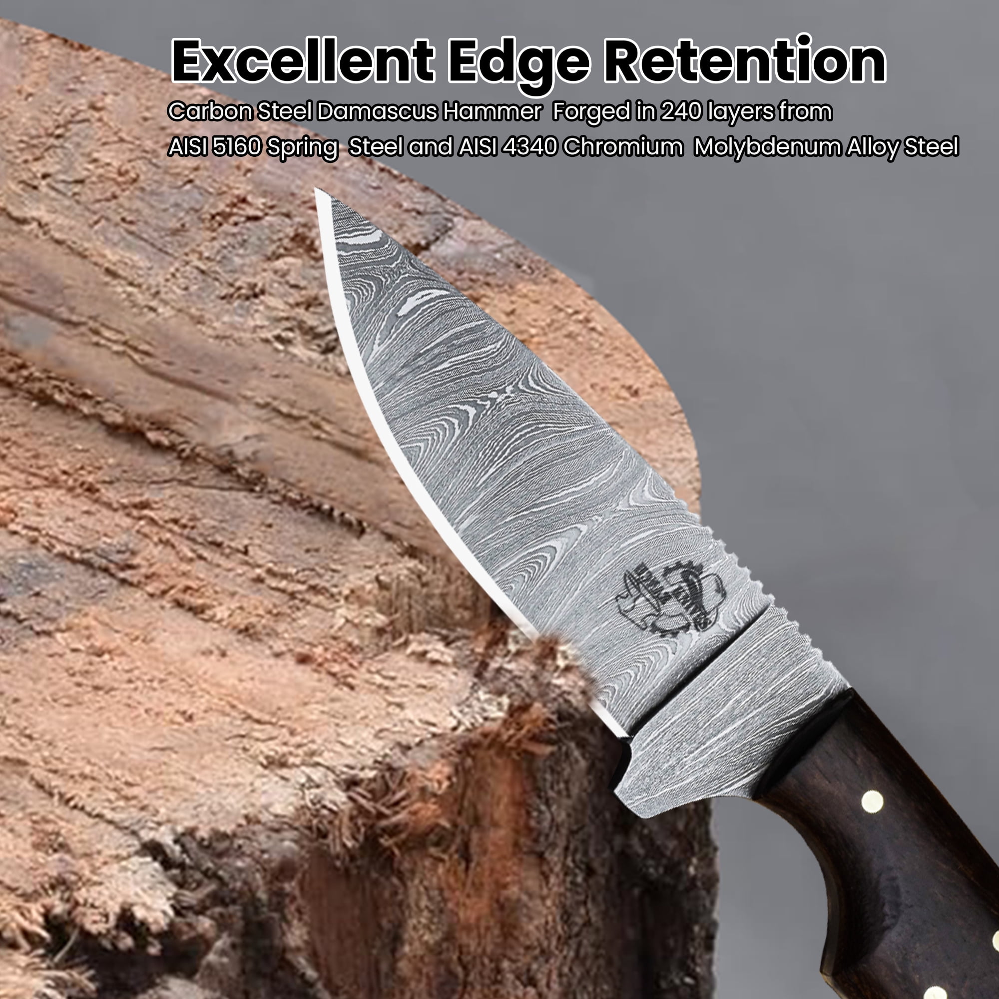 Knives Ranch Model 2001 Damascus Steel Fixed Blade Knife with Rosewood Handle – Durable Hunting, Camping, Outdoor Utility & EDC Knife