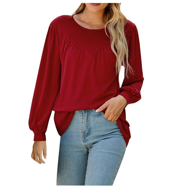 Timegard Hauts pour Femmes Col Rond Manches Longues Bouffantes Froncées T-Shirt d'Automne Habillé Décontracté Ample Confortable Hauts