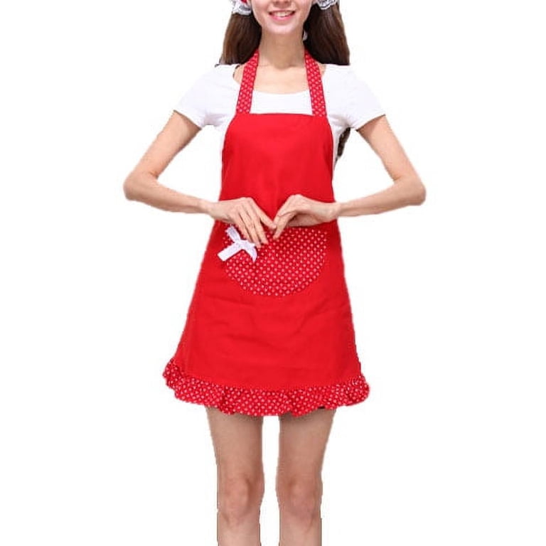 Women's Cotton Apron With Pockets - Princess Style Polka Dot Design For Cooking, Kitchen, Cafe