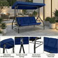 thumbnail image 3 of Pirecart 3 Person Patio Porch Swing Outdoor Converting Swing Glider Hammock with Adjustable Canopy, Cushions, Garden, Yard, Blue, 3 of 7