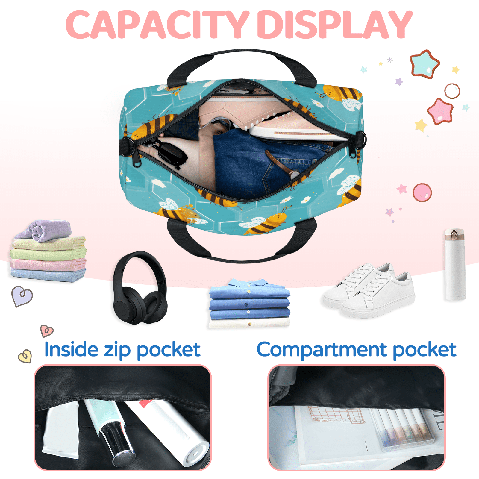 Herdesigns Cute Bee Gym Bag for Women, Duffle Bag for Travel Sport, Lightweight Waterproof Carry on Weekender Dance Yoga Workout Bags