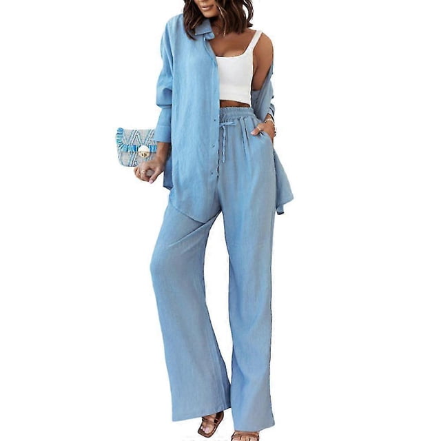 Women Casual 2 Piece Outfit Long Sleeve Button Down Shirt + Flare Wide Leg Pants Sets Streetwear Loungewear