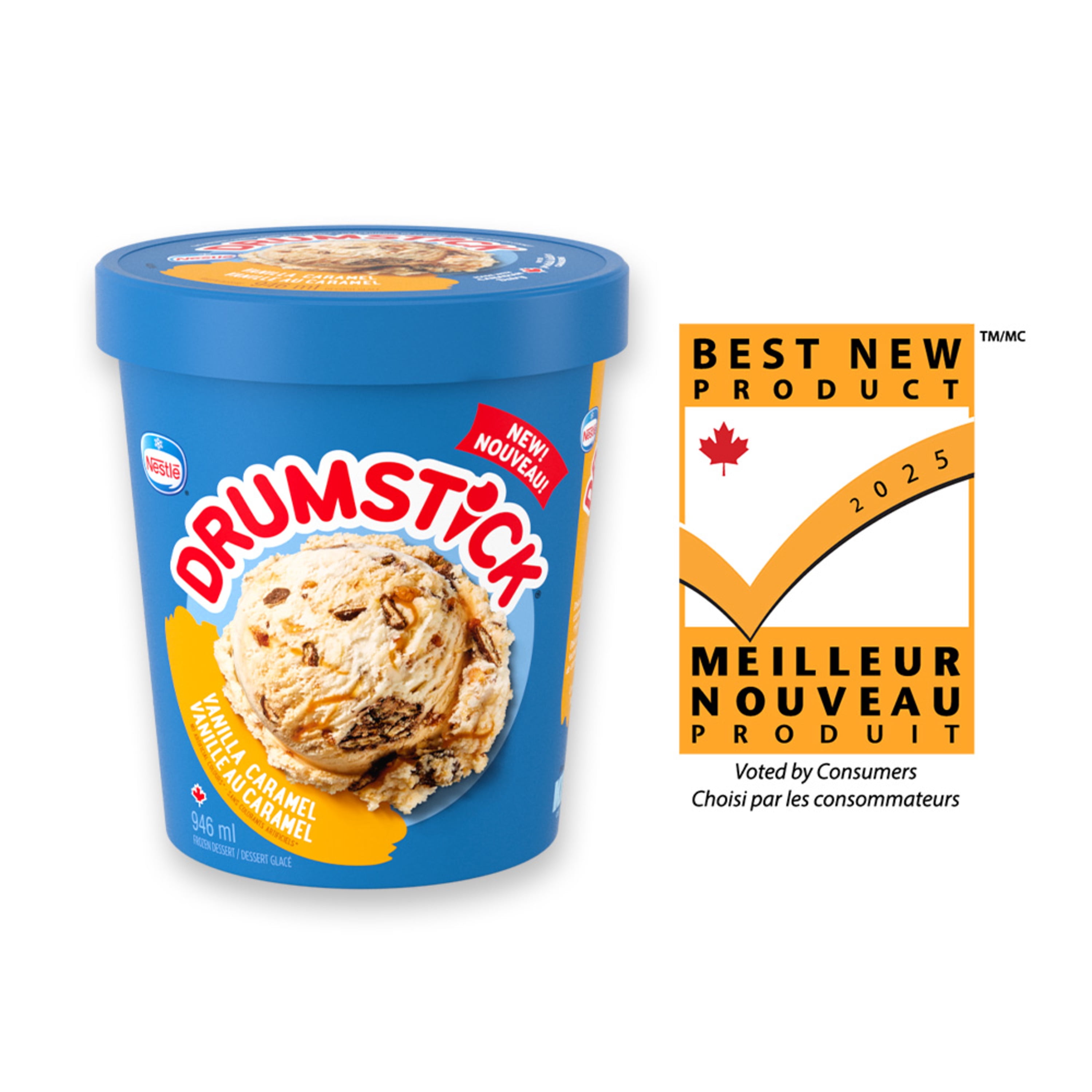DRUMSTICK Vanilla Caramel, Vanilla Flavoured Frozen Dessert, Caramel, Peanuts, Wafer Pieces, 946 mL
