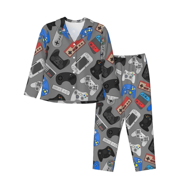 Balery Video Game Conjunto de Pijama con Estampado para Mujer, Conjunto de Dos Piezas con Manga Larga, Ropa de Dormir Suave con Bolsillos, Pijamas Cómodos-Medium