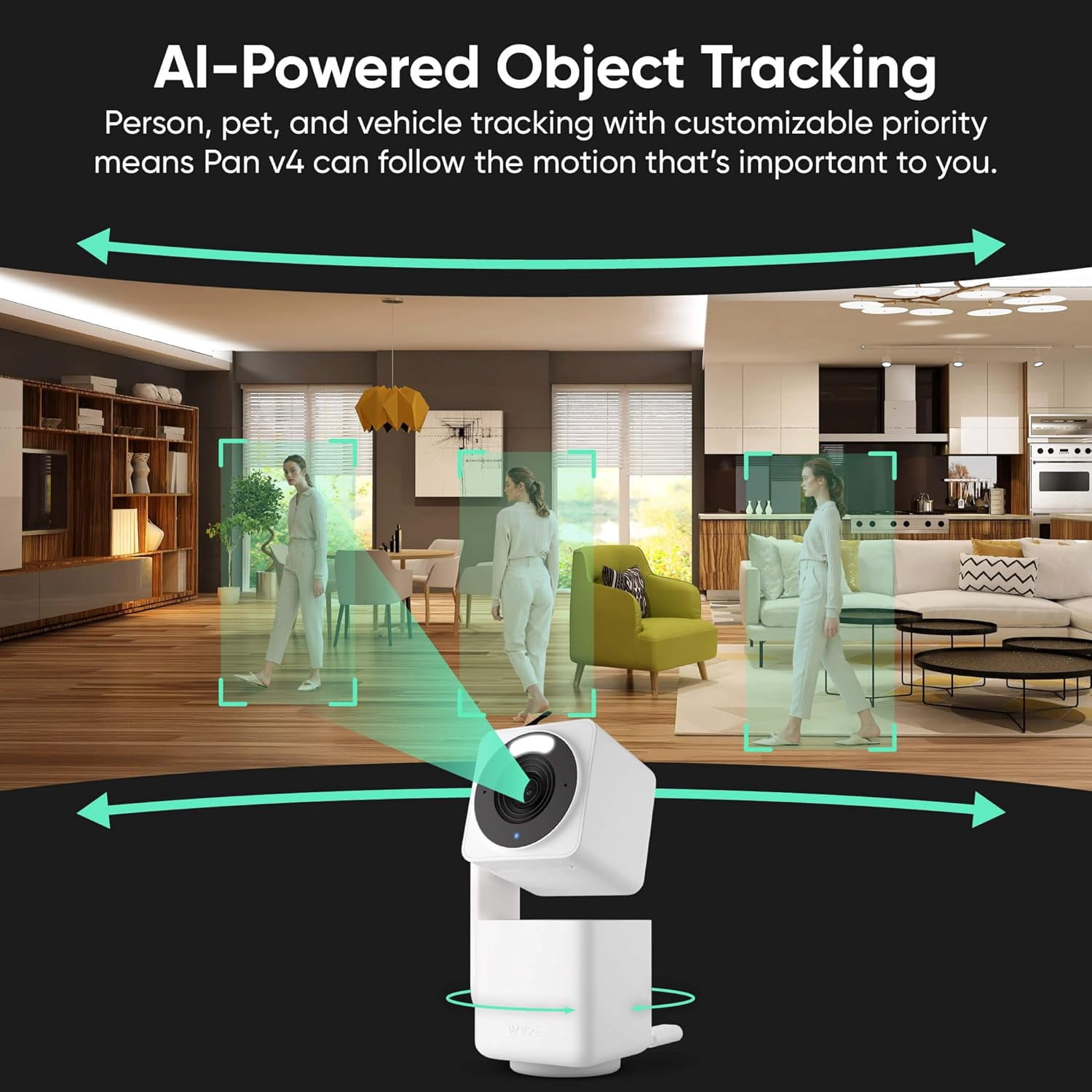 Wyze Cam Pan v4 4K Smart Security Camera, AI Indoor/Outdoor Camera with Color Night Vision, Pan/Tilt/Zoom, Voice Assistant Compatibility
