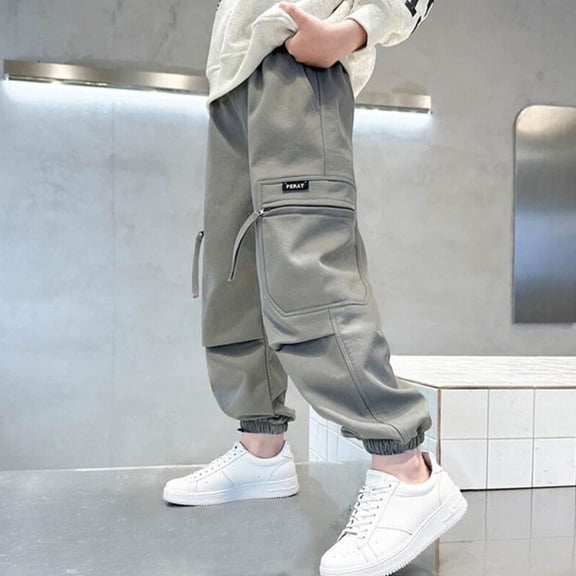 uublik Cargo Pants for Boys Girls 5-16 Years Elastic Waist Casual Loose Cargo Trousers with Pockets Street Dance Jogger Pants Kids Gray