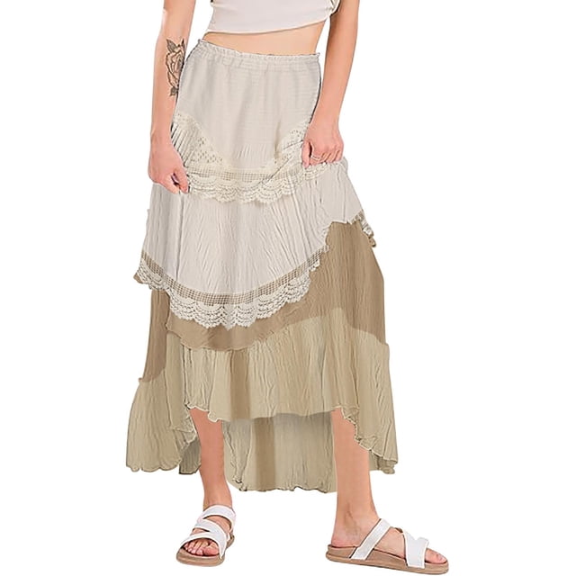 GigrtiJin Jupes Longues pour Femmes Rétro Patchwork Jupe de Cour à Plusieurs Couches Été Décontractée Ourlet Fluide Taille Élastique Jupe Maxi