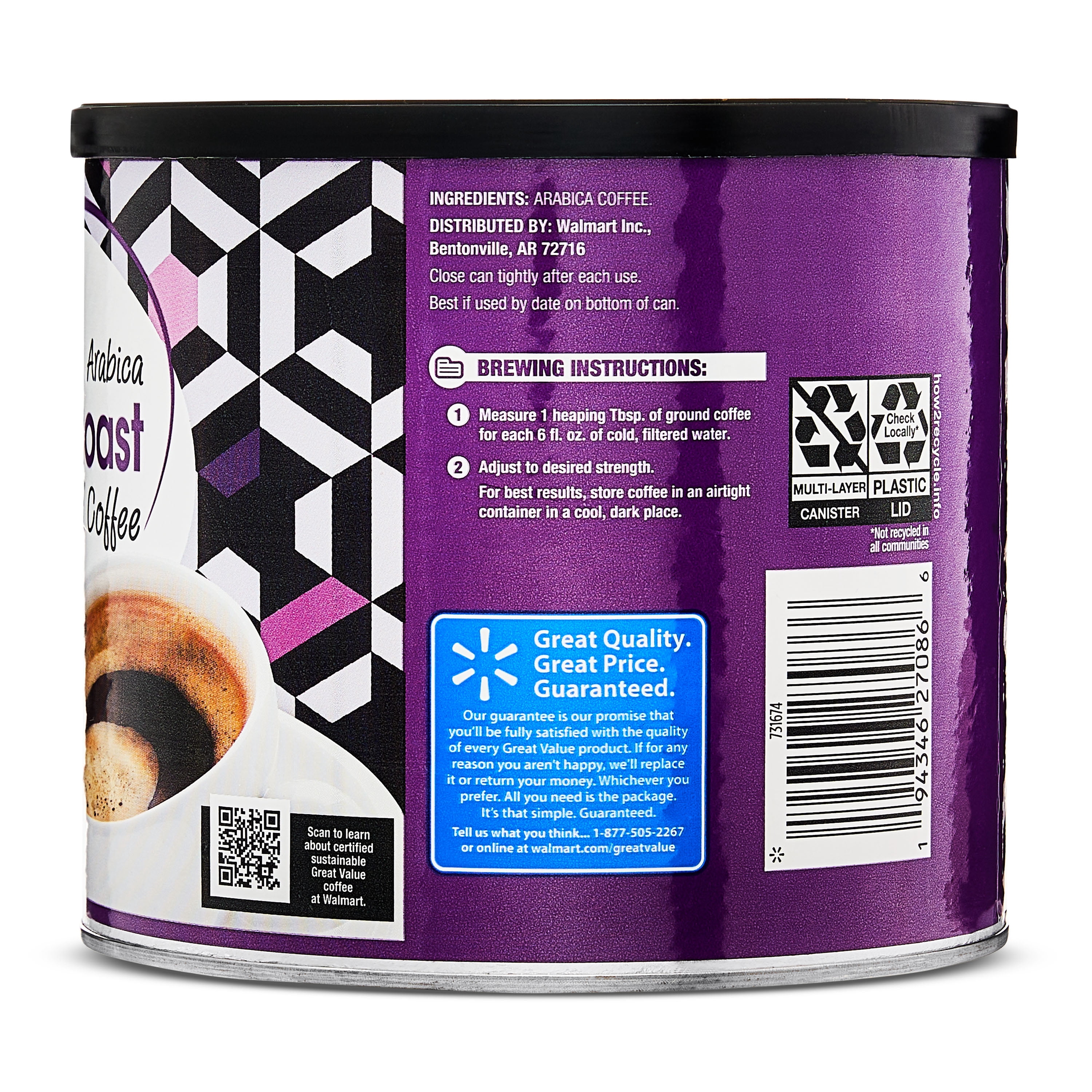 Great Value French Roast, 100% Arabica Dark Ground Naturally Caffeinated Coffee, 22.6 oz