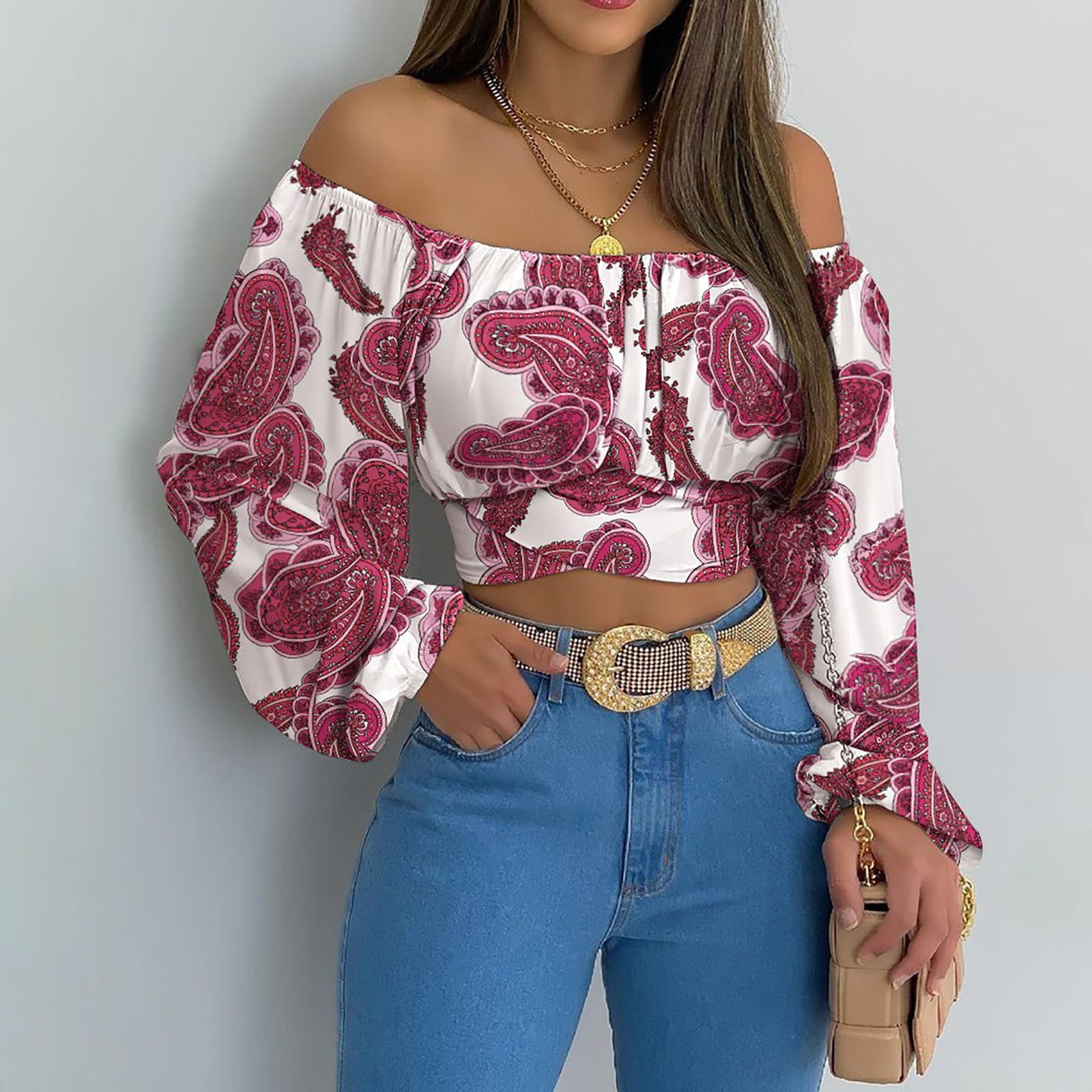 HTNBO Cute Crop Tops for Women Summer Fall Trends Lattern Long Sleeve  Floral Casual Cami Shirts 