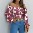 thumbnail image 1 of DPTALR Woman's Strapless Long Sleeve Print Off Shoulder Ruched Lantern Sleeve Crop Tops, 1 of 9