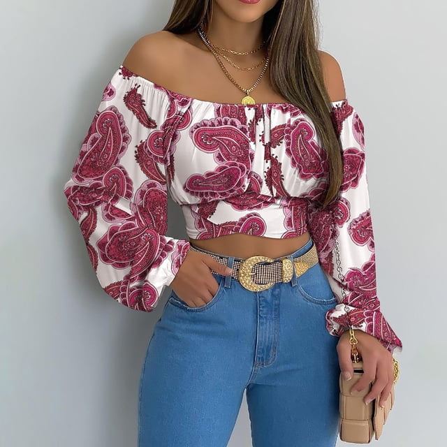 DPTALR Woman's Strapless Long Sleeve Print Off Shoulder Ruched Lantern Sleeve Crop Tops