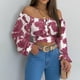 thumbnail image 1 of ICHUANYI Clearance Woman's Strapless Long Sleeve Print Off Shoulder Ruched Lantern Sleeve Crop Tops(Hot Pink, L) ICHUANYI WER2023081002205, 1 of 9