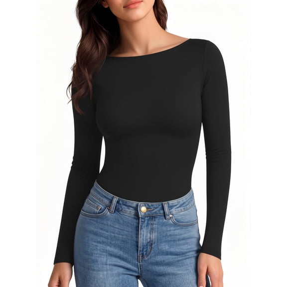 MOYIKO Boat Neck Long Sleeve Shirt for Woman Slim Fitted Black T Shirts Basic Ribbed Knit Tees Tight Tops