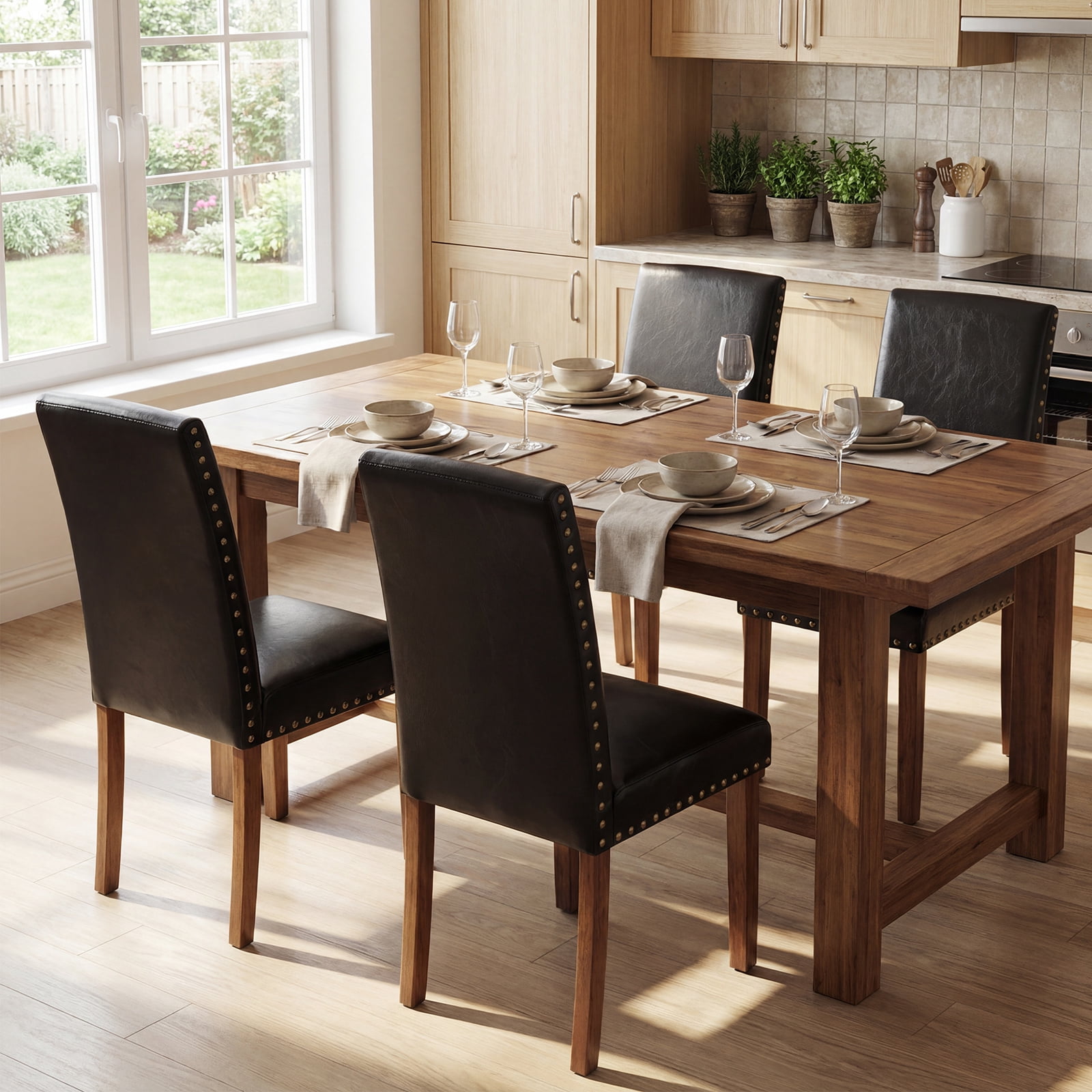 Firmoz Set of 2 Faux Leather Dining Chairs, Modern Side Chairs with Solid Wood Legs for Kitchen & Living Room, Black