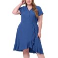 thumbnail image 2 of Unique Bargains Women's Plus Size Denim Dress Wrap Elastic Waist Ruffle Dresses Blue 2X, 2 of 5