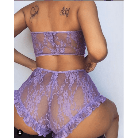 

Colofity Women Sexy 2PCS Lingerie Set Floral Lace Crop Slim See Through Mesh Top High Waist Ruffle Short Pants Sleepwear Set