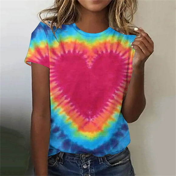Frostluinai Summer Tops for Women Crew Neck Love Tie Dye Shirts Short Sleeve Graphic Tees Light Weight Holiday Blouses Comzy Tee Shirts