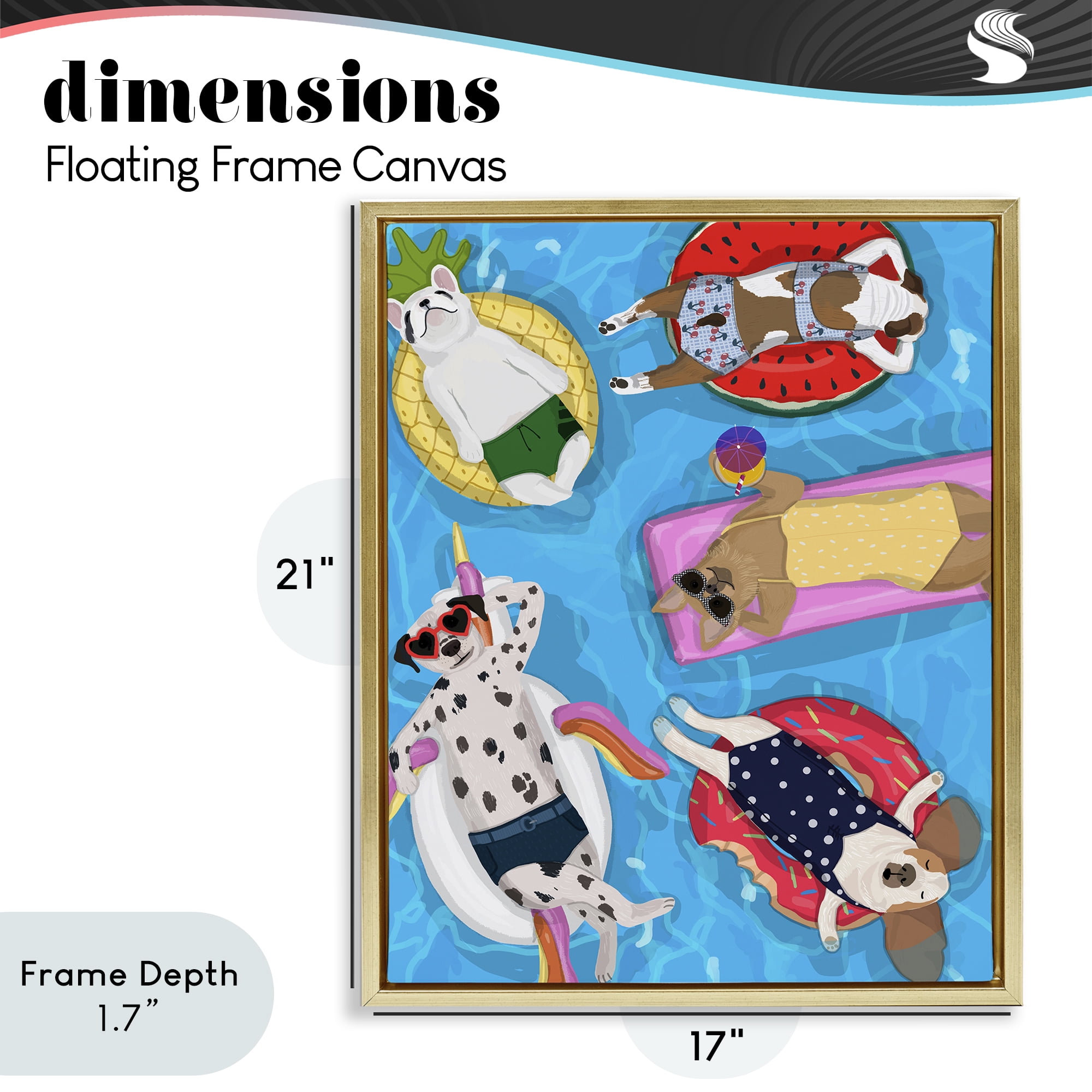 Stupell Industries Summer Sunbathing Dogs Gold Framed Floater Canvas Wall Art, design by Hanna Melin