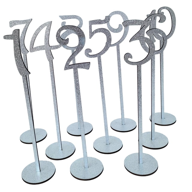Números de mesa, porta tarjetas de lugar con base de madera, tarjetas de números de mesa, mesa 10 piezas de plata