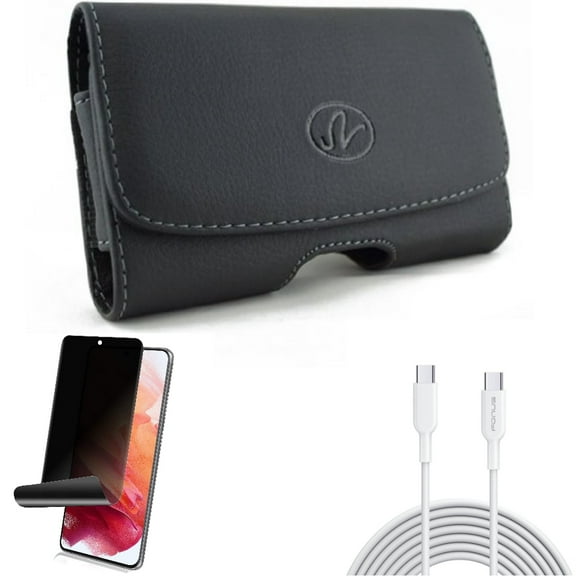 Privacy Screen Protector w Case Belt Clip w 10ft Long Type-C Cable for Samsung Galaxy S21 Plus - TPU Film Fingerprint Works, Leather Swivel, Fast Charger Cord PD Accessory Bundle