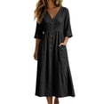thumbnail image 2 of Ayolanni V Neck Women's Fall Dress 3/4 Sleeve Cotton Shirt Maxi Dresses Beach Button Down Flowy Solid Long Dress with Pockets Black M, 2 of 6