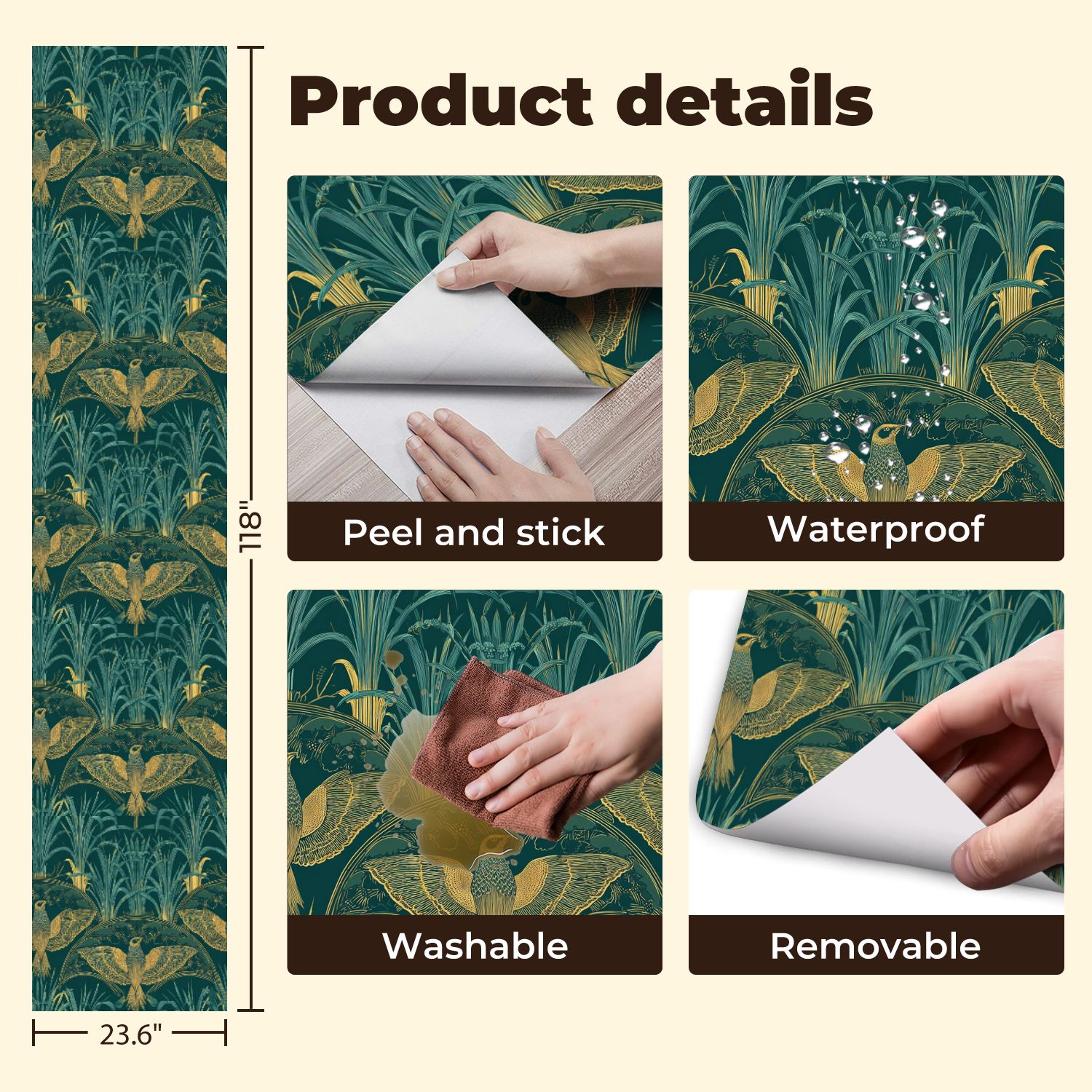Vintage Peel and Stick Wallpaper Botanical Birds Ornamental Foliage Teal Gold Wall Mural 23.6in x 9.8ft Self Adhesive Removable Wall Paper Renter Friendly Wallpaper for Nursery Bedroom Cabinets
