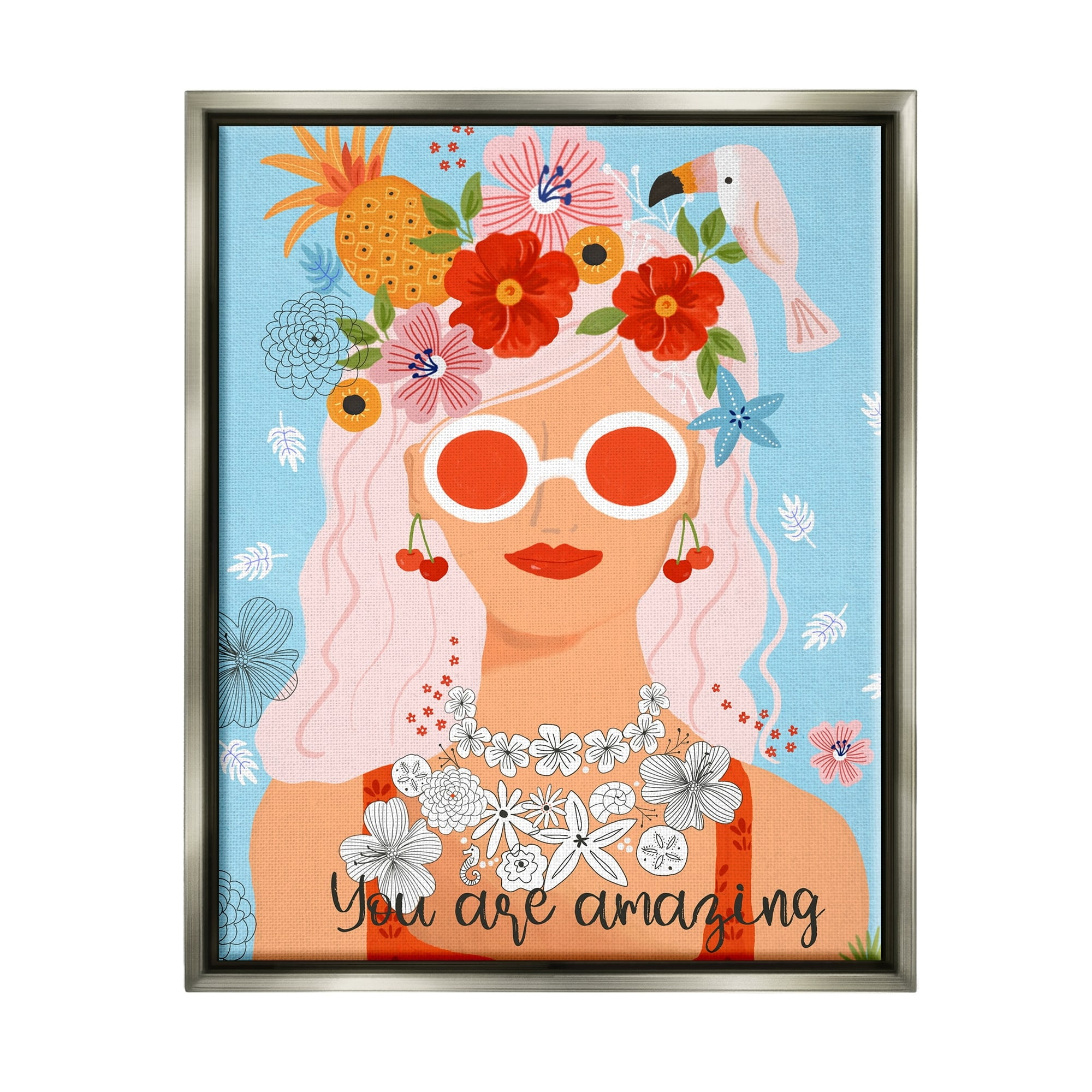 Stupell Industries You Are Amazing Motivational Floral Woman Portrait Graphic Art Luster Gray Floating Framed Canvas Print Wall Art, Design by Sharon Lee