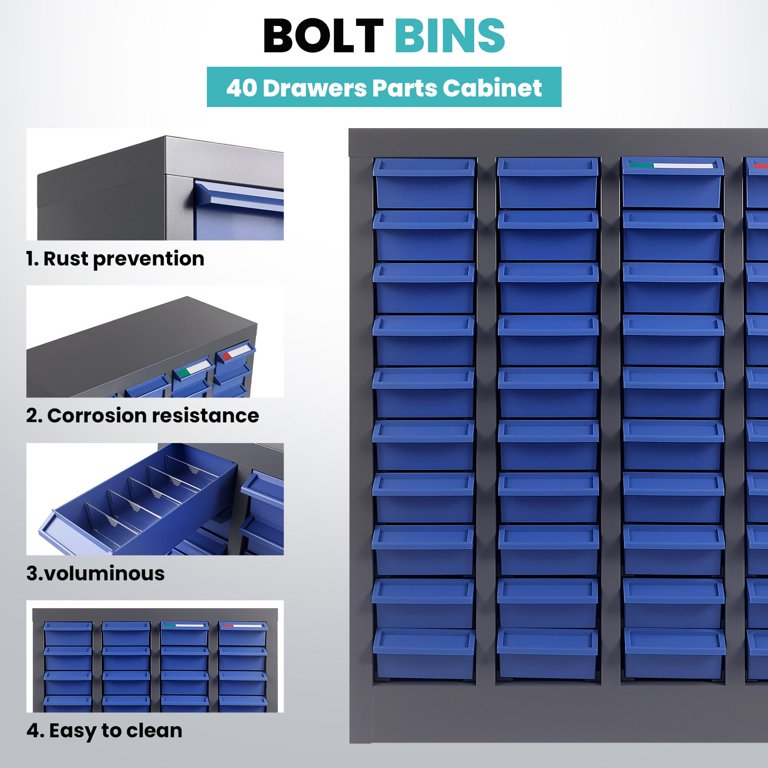 40-Drawer Bolt & Nut Organizer Cabinet - 21x8.7x25 Inch Tool Storage With Labels & Shelves For Workshop