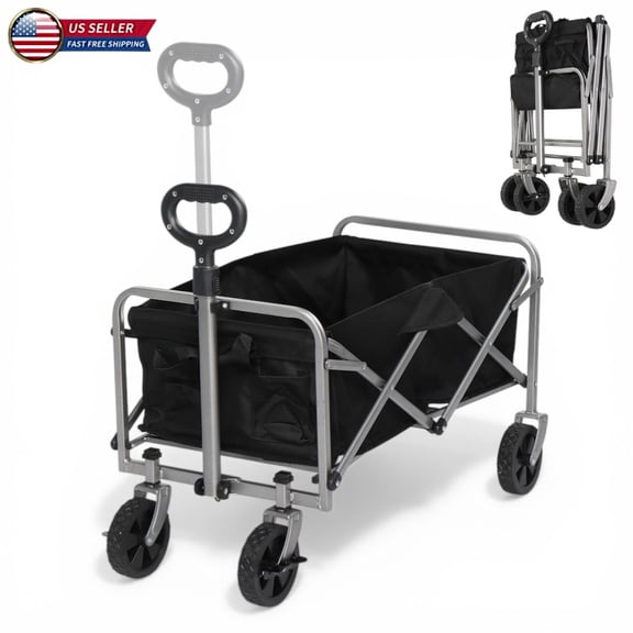 Hassch Heavy Duty Steel Frame Collapsible Folding 220lbs Capacity Outdoor Camping Garden Utility Wagon Yard Cart, Black