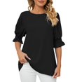 thumbnail image 2 of Womens Shirts Blouse Women's Fashion Solid Colour Round Neck Ruffle Princess Sleeve Loose Chiffon Top, 2 of 6