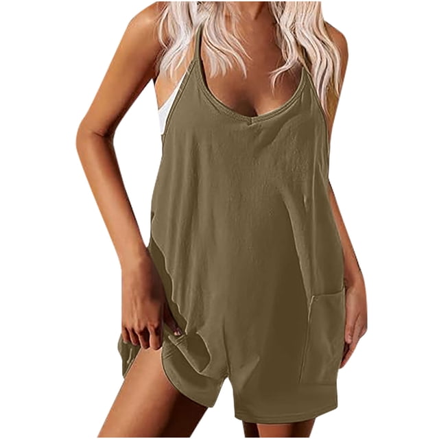 Timegard Jumpsuit for Women Summer Sleeveless Scoop Neck Adjustable Strap Casual Short Rompers with Pockets