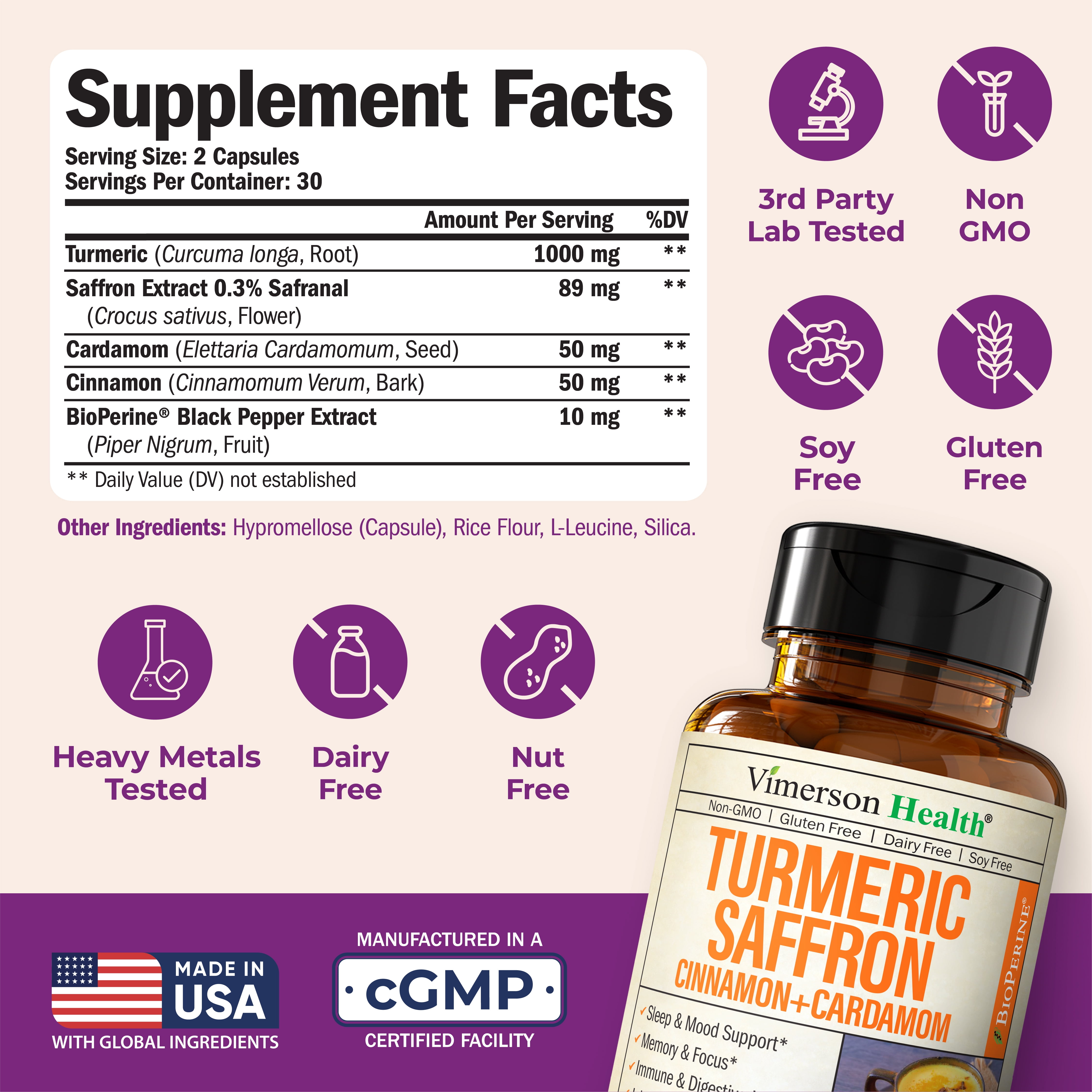 Turmeric Curcumin and Saffron Supplement (89mg Saffron Extract) with Ceylon Cinnamon & Cardamom for Eye, Joint Health & Mood Support – 60 Capsules