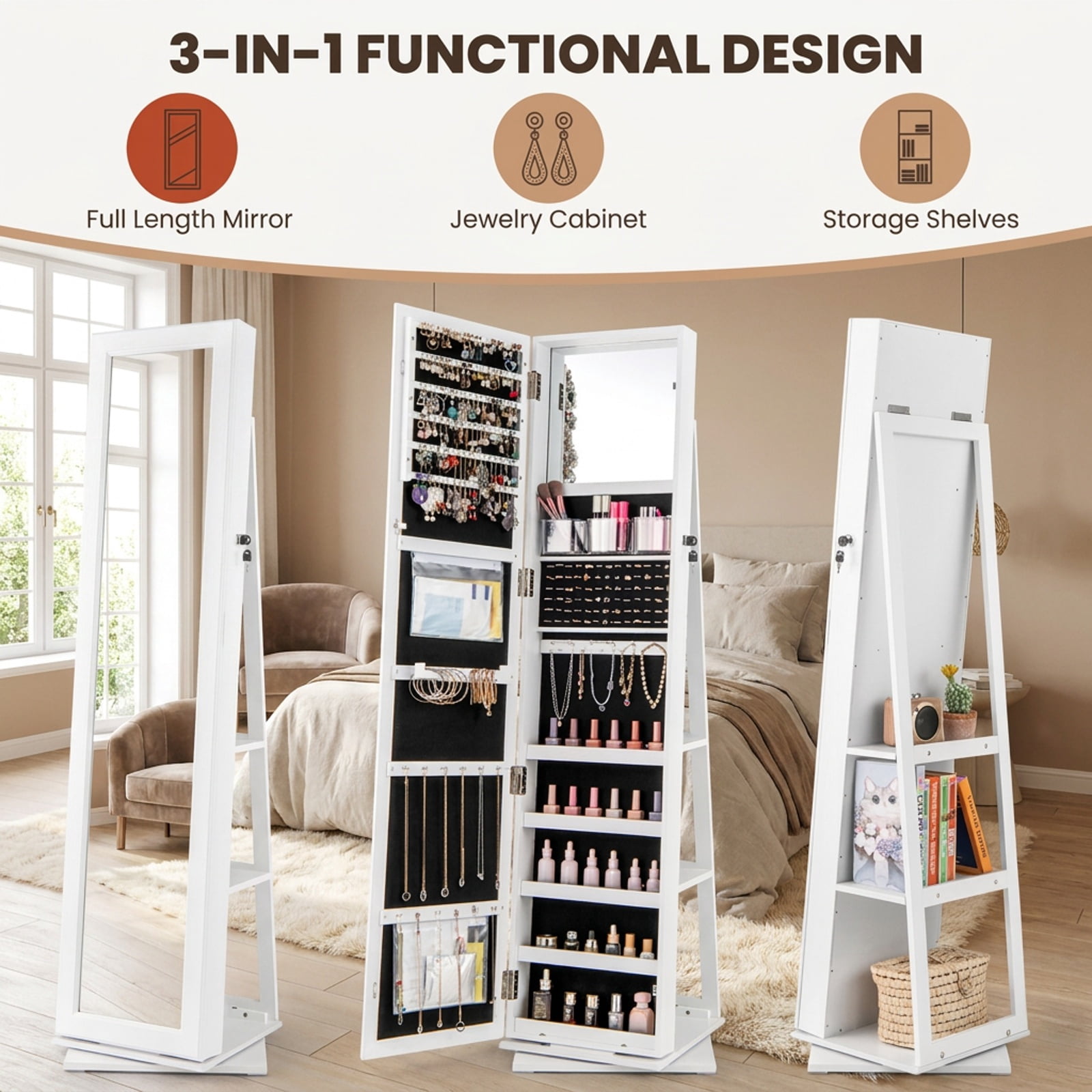 Furnibear 360° Swivel Jewelry Armoire Standing Jewelry Organizer with Full Length Mirror and Back Shelves for Bedroom Dressing Room Jewelry, White