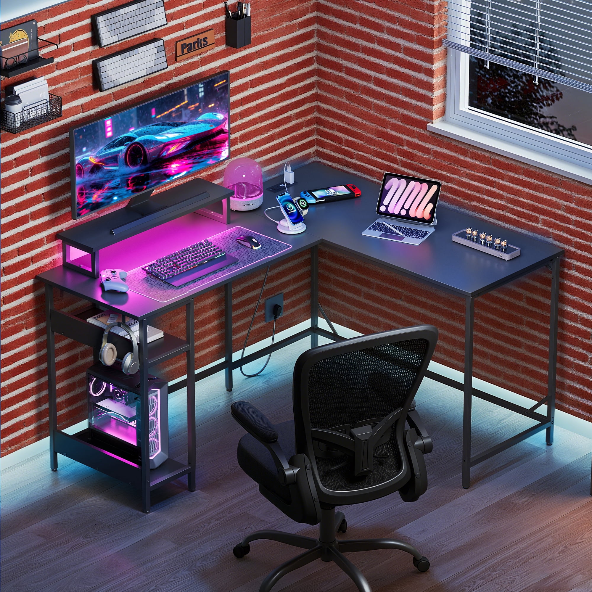 GALAXHERO 55 Inch L Shaped Gaming Desk with LED Lights & Power Outlets, Corner Desk for Small Spaces, Sturdy PC Computer Table with Storage for Home Office, Black