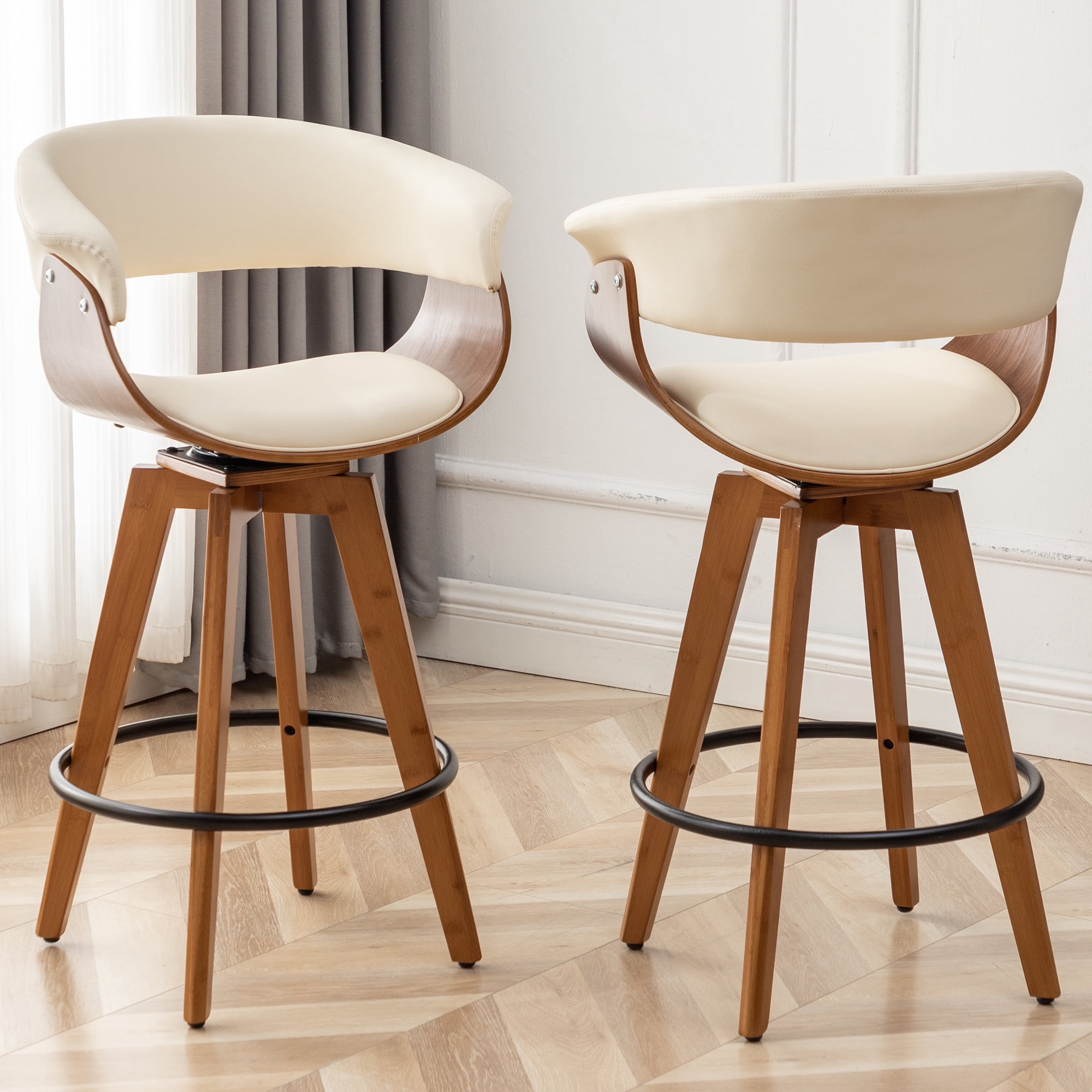 FOWEOAIU Bar Stools Leather Upholstered Adjustable Swivel Counter Stool 26"，with Footrest for Bar, Kitchen Island, Bistro, Beige (Set of 2）