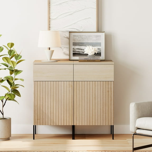 31.5" Reeded Accent Cabinet with 2 Doors and Adjustable Shelves, Modern Credenza Storage Cabinet with Charging Station for Living Room, Kitchen, Dining Room, Hallway