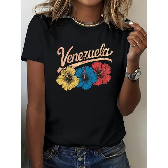 Women's 'Caribbean Vibes' Floral Tee – Venezuela Hibiscus Graphic | Breathable Casual Shirt Tops Size（S-5XL)