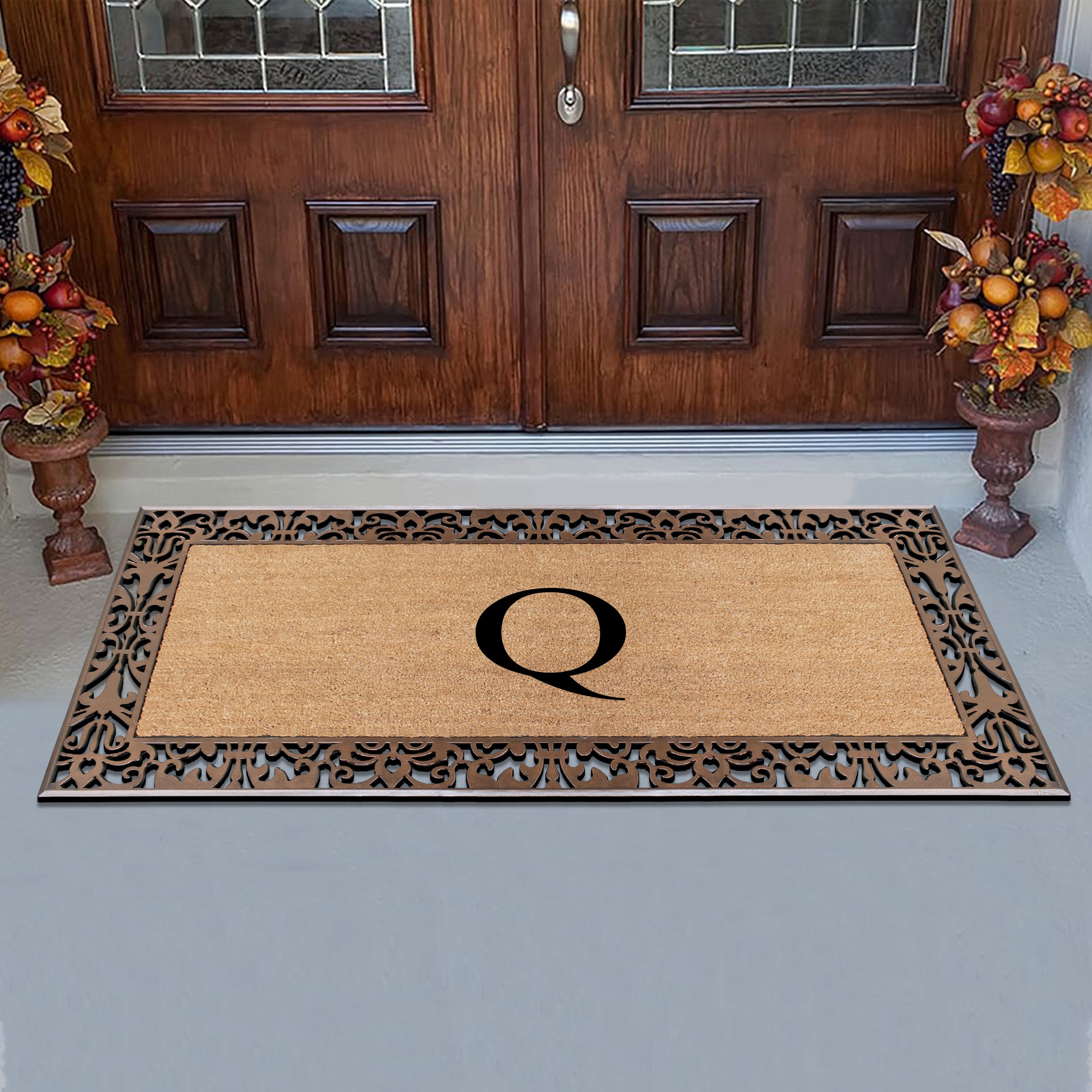 A1HC Natural Coir and Rubber Paisley Monogrammed Doormat, 30"x60", Heavy Duty Outdoor Front Door Mat, Durable Easy-Clean Bronze Rug