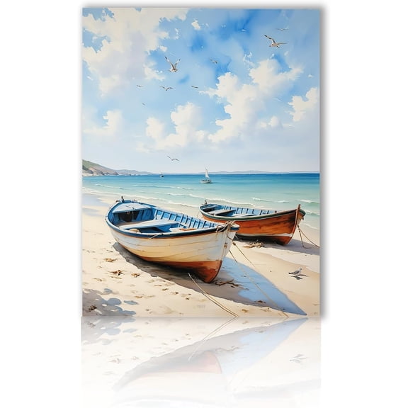 Canvas Wall Art, Ocean Seagull Nautical Boat on Beach Blue White Sea Canvas Paintings, Sandy Beach Pictures Artwork, Seashore Poster Prints Home Decor for Room Bedroom 12x16 inch Unframed